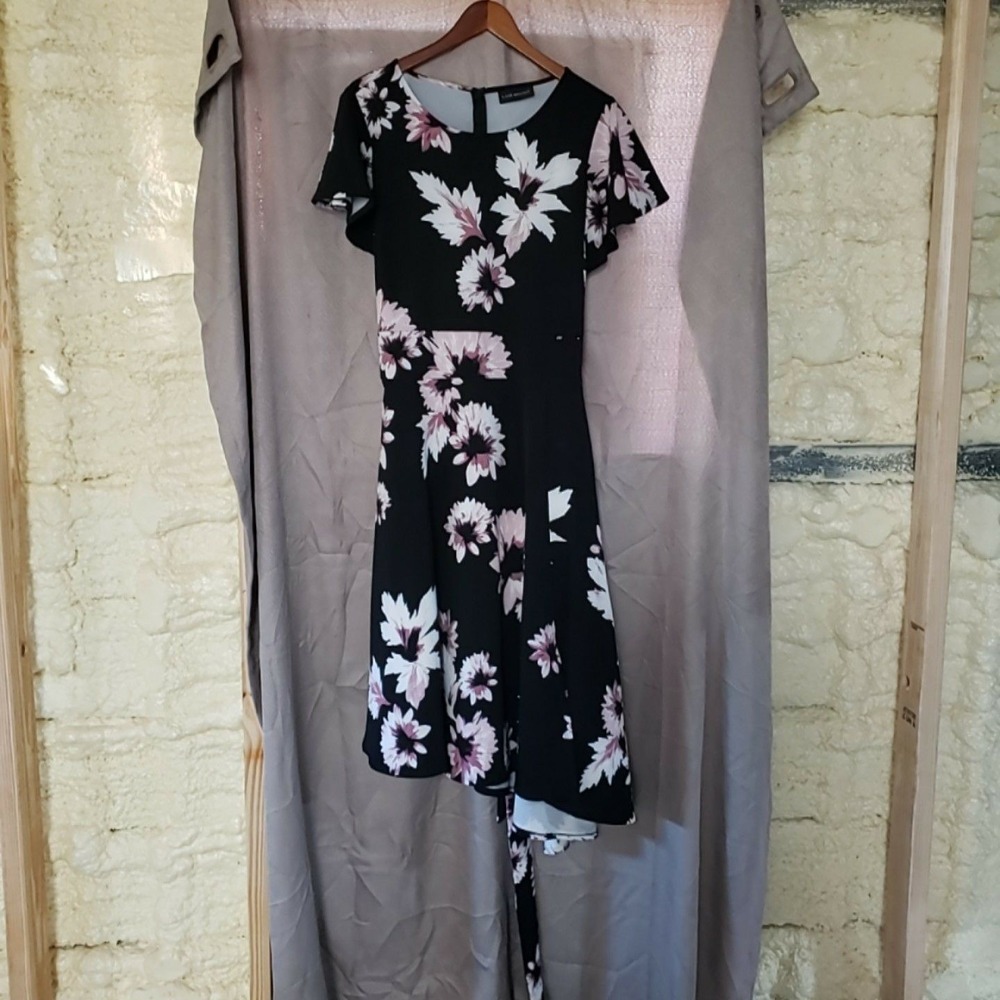 Lane Bryant Dress Womens 18 Black Floral Short Flutter Sleeve Fit & Flare Midi